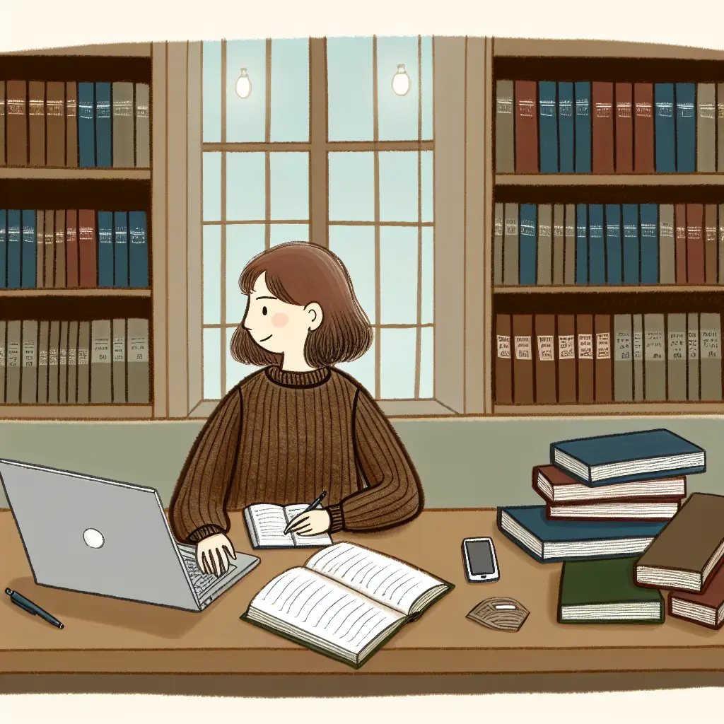 Studente universitario concentrato nella scrittura della tesi in biblioteca moderna