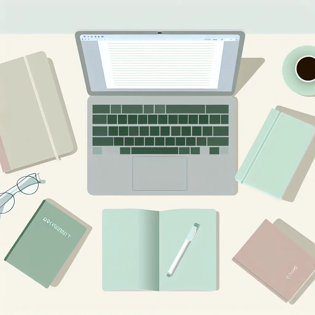 Workspace minimalista con laptop aperto, taccuino e caffè - rappresentazione del processo di scrittura accademica