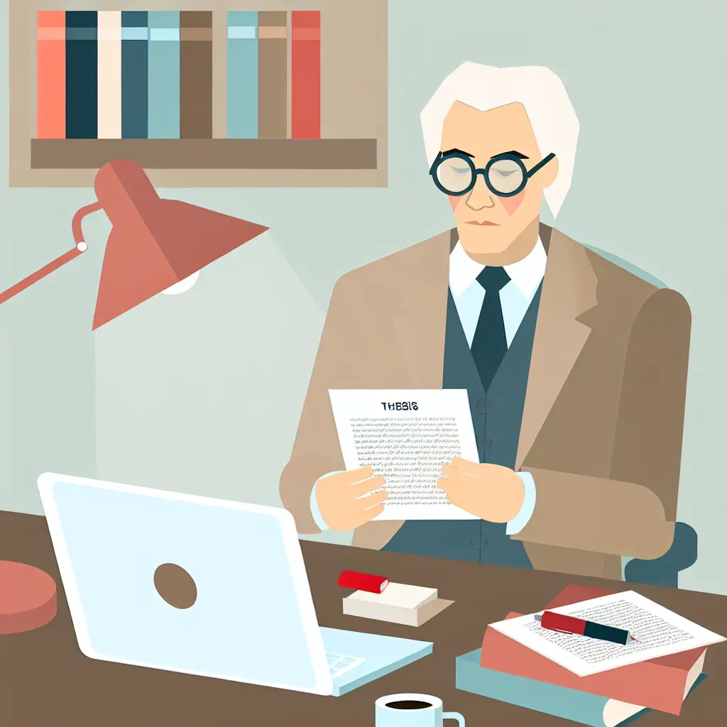 Professore universitario che valuta attentamente una tesi di laurea