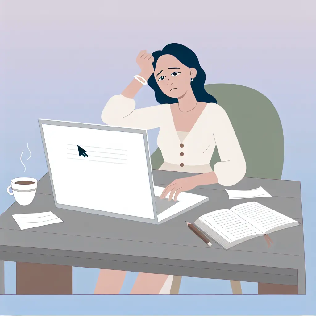 Studente universitario bloccato davanti allo schermo bianco del laptop, con espressione frustrata