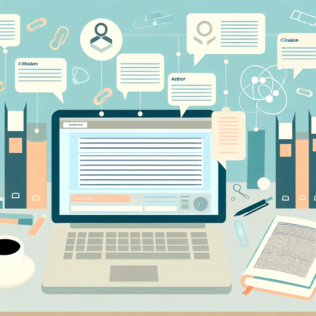 Workspace moderno con laptop che mostra un'interfaccia di gestione bibliografica digitale, circondato da libri accademici e elementi visivi che rappresentano strumenti di citazione