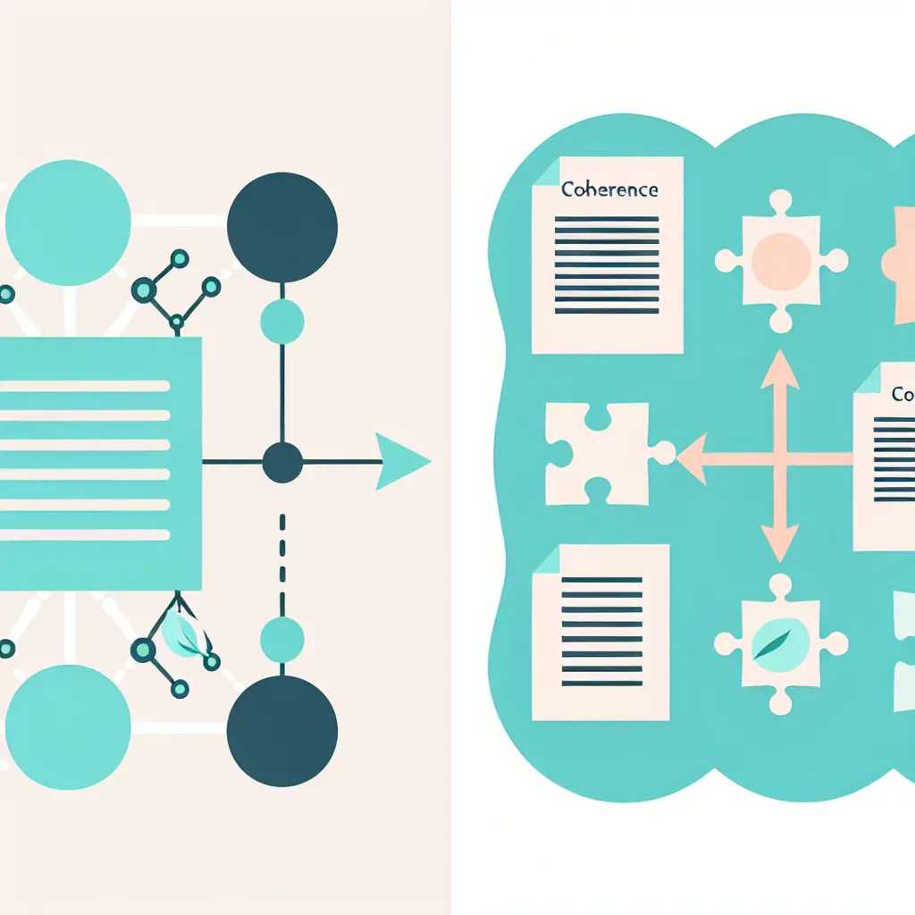 Illustrazione visiva che mostra la differenza tra coerenza (idee interconnesse logicamente) e coesione (elementi linguistici che collegano le frasi)