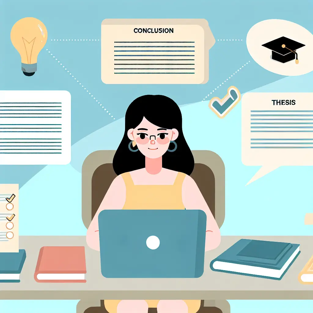 Studente universitario concentrato nella scrittura della conclusione della tesi, circondato da libri e con elementi grafici che rappresentano idee e obiettivi accademici