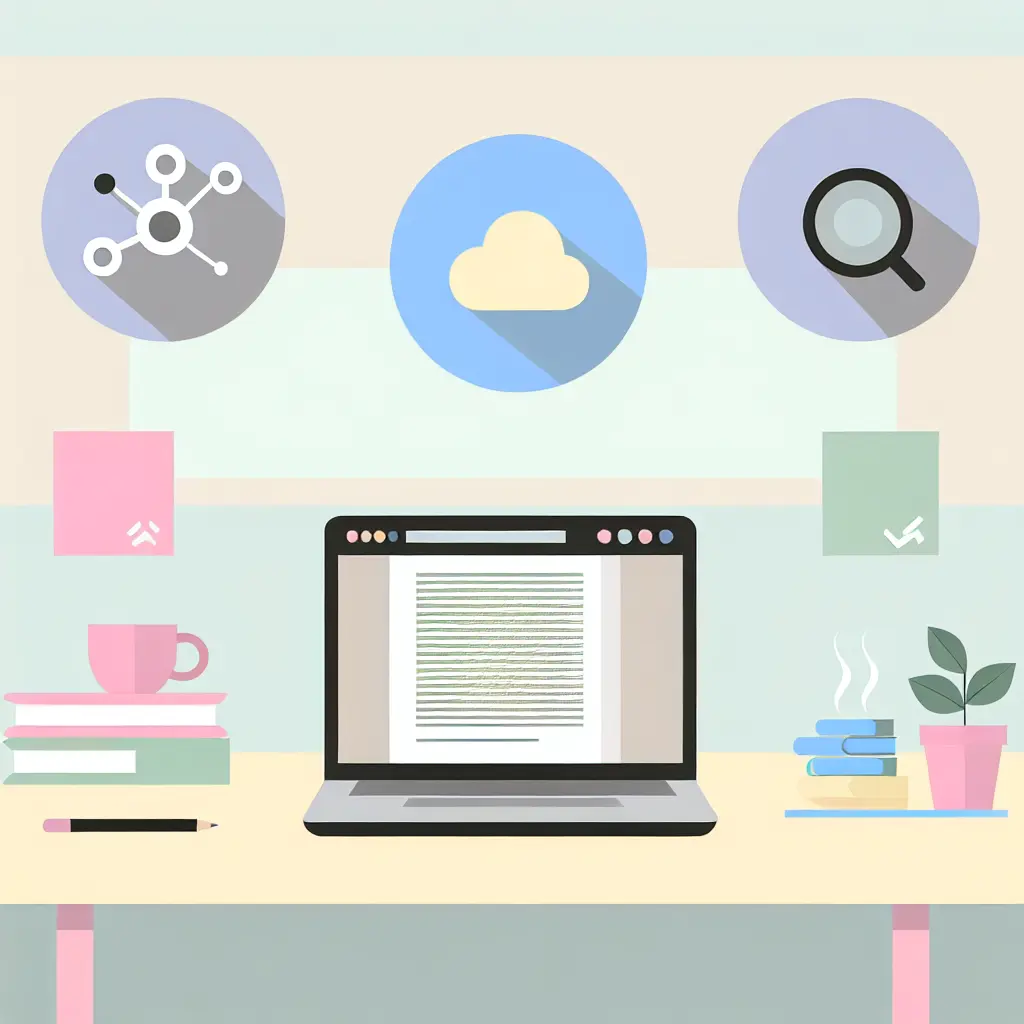 Postazione di lavoro digitale per tesi umanistiche con laptop, libri e strumenti organizzati