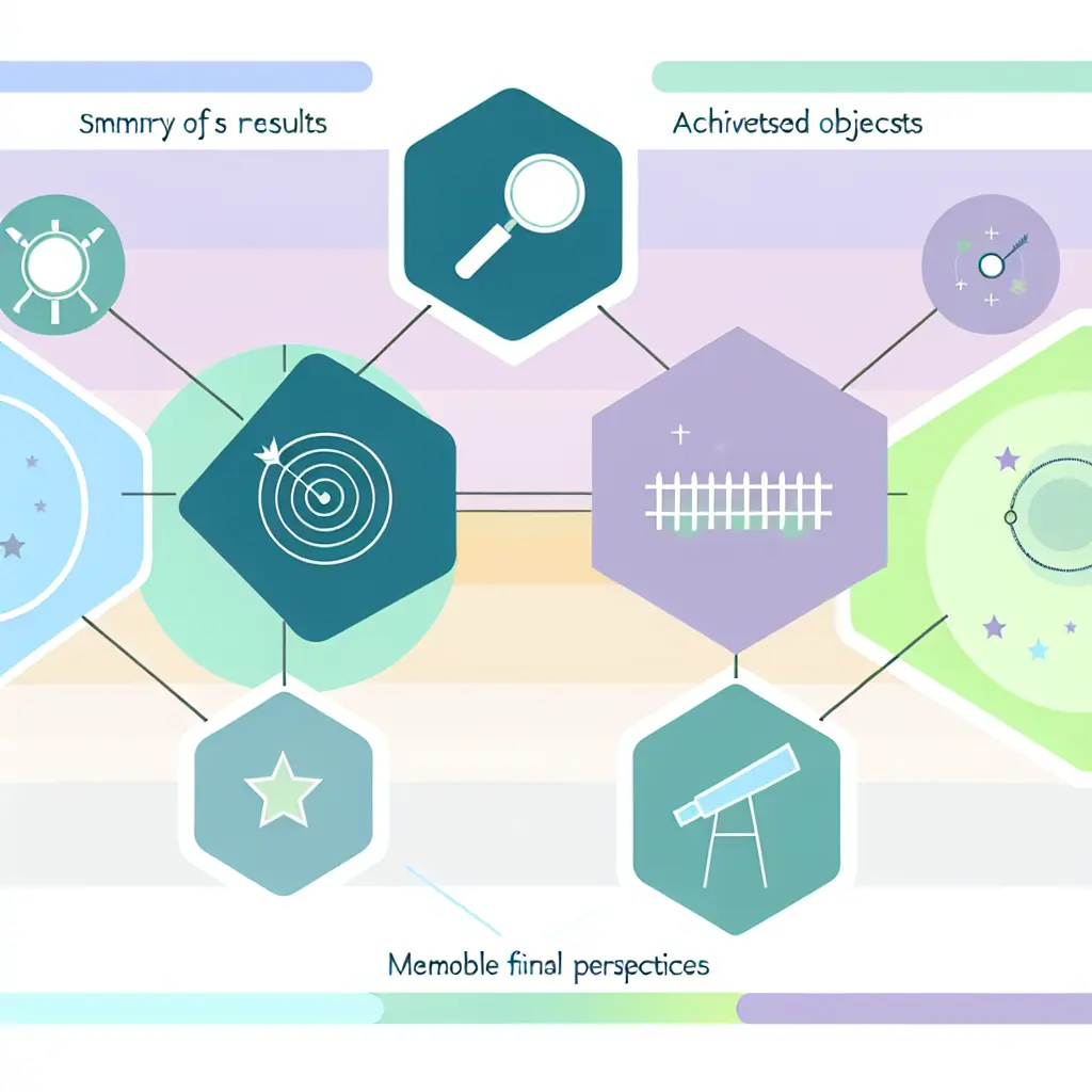 Rappresentazione grafica degli elementi essenziali di una conclusione efficace: sintesi dei risultati, obiettivi raggiunti, limiti della ricerca, prospettive future e messaggio finale