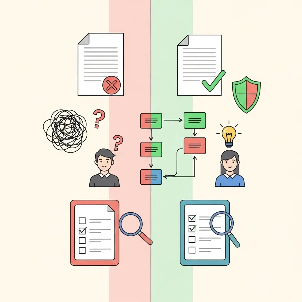 Confronto visivo tra errori comuni nella metodologia di tesi e le pratiche corrette da seguire