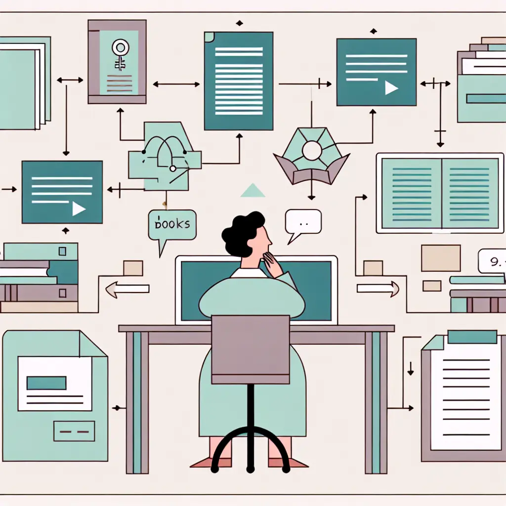 Illustrazione di un sistema organizzato di gestione delle fonti accademiche con libri, articoli e database digitali