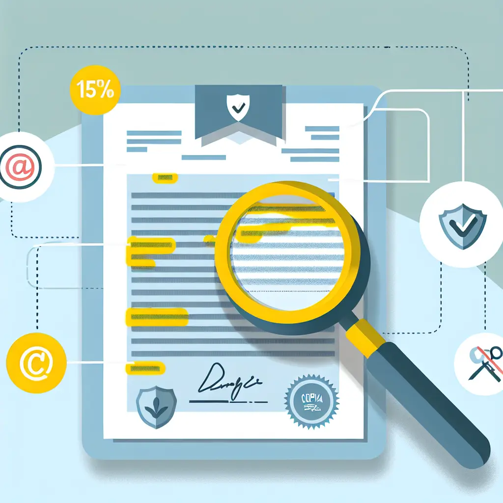 Analisi dettagliata di una dichiarazione antiplagio con clausole evidenziate e icone legali