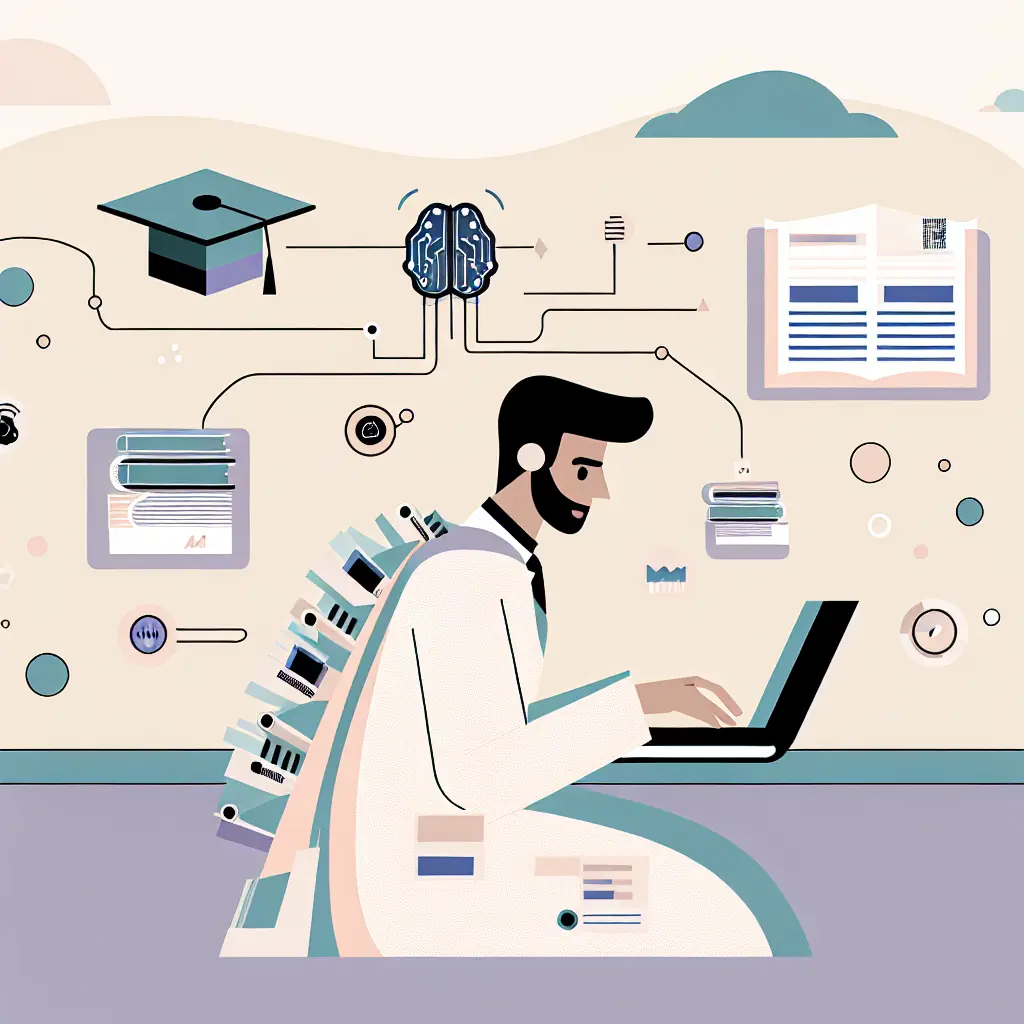 Studente di dottorato che lavora con strumenti di intelligenza artificiale, circondato da elementi simbolici della ricerca accademica