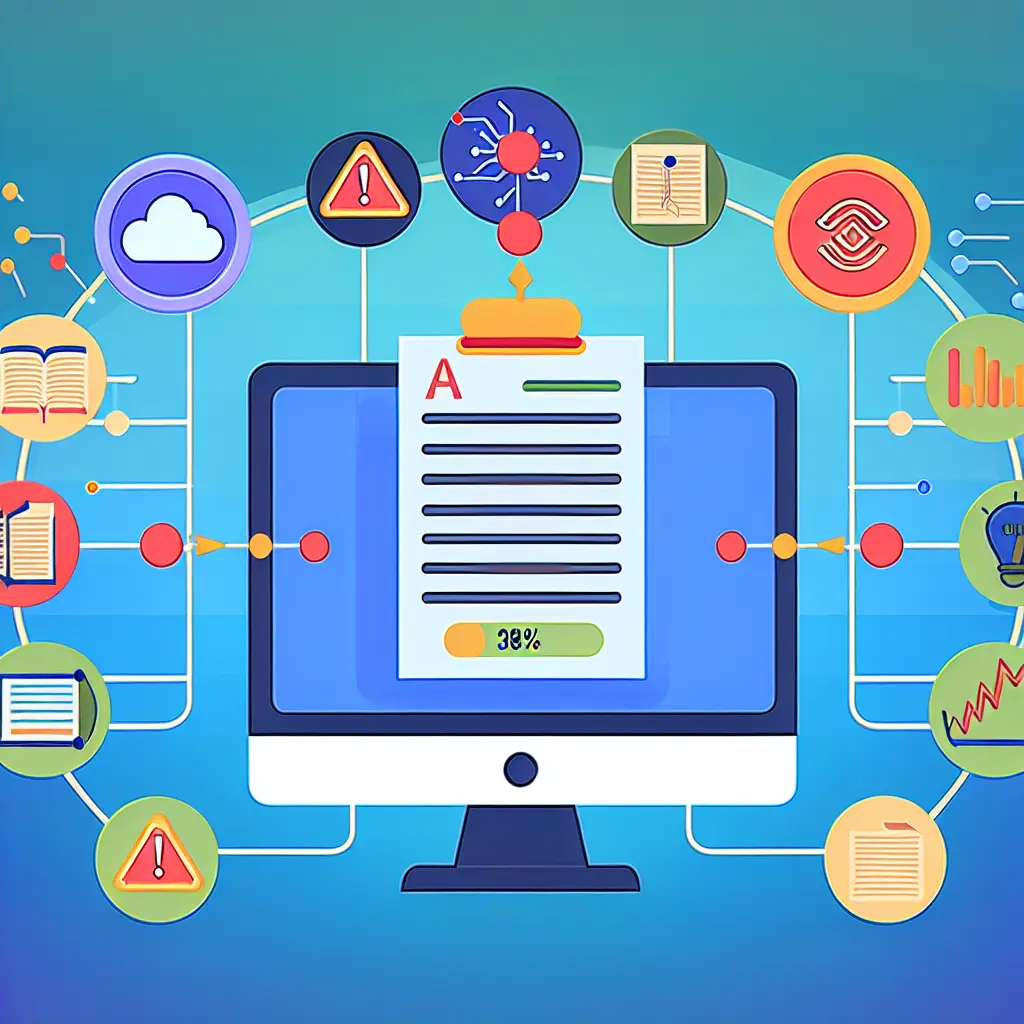 Tecnologia moderna di rilevamento plagio con AI, database e indicatori di percentuale