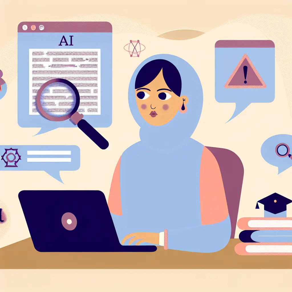 Studente che lavora alla revisione della tesi con assistenza AI, circondato da icone di controllo e avvertimenti