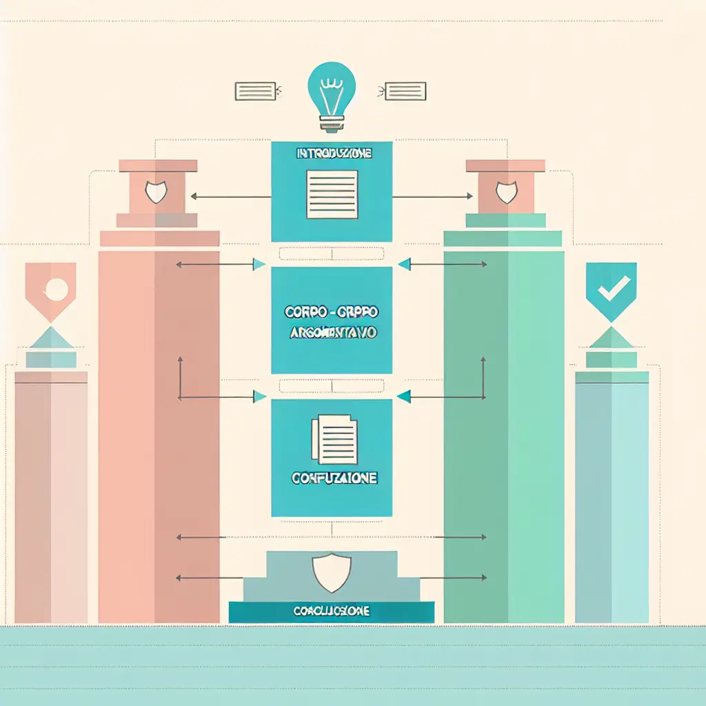 Schema visivo dei quattro pilastri del testo argomentativo: introduzione, corpo argomentativo, confutazione e conclusione