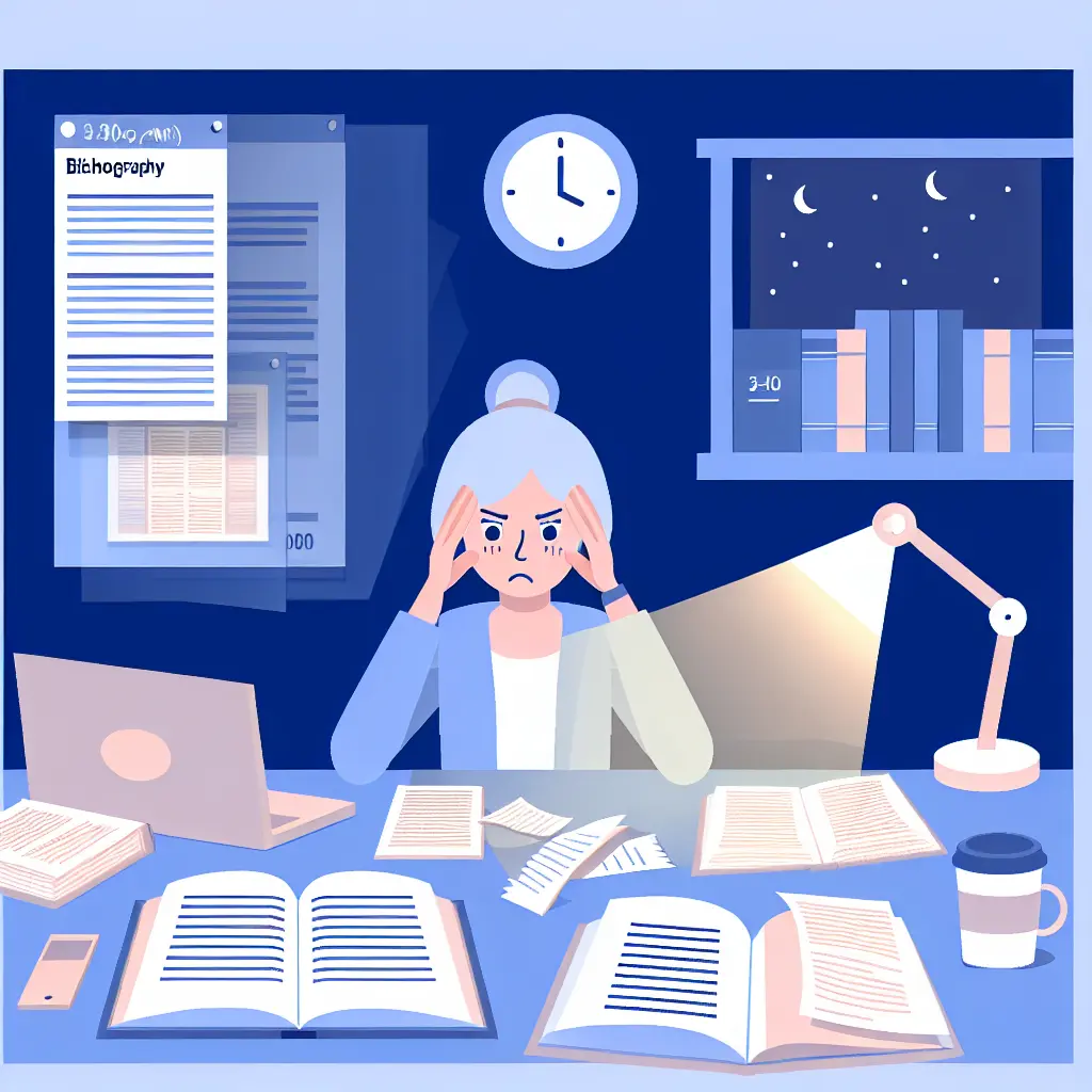 Studente stressato alle 3 di notte circondato da libri e documenti mentre cerca di formattare la bibliografia della tesi