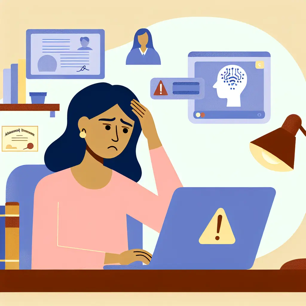 Studente universitario preoccupato davanti al computer che mostra rilevamento IA