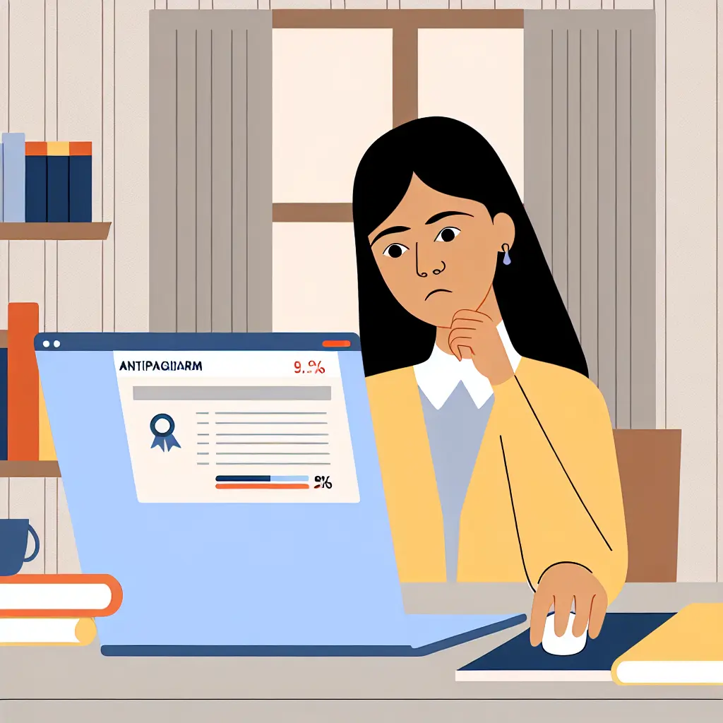 Studente universitario che controlla con attenzione uno strumento antiplagio sul laptop, evidenziando l'importanza del controllo durante la scrittura della tesi