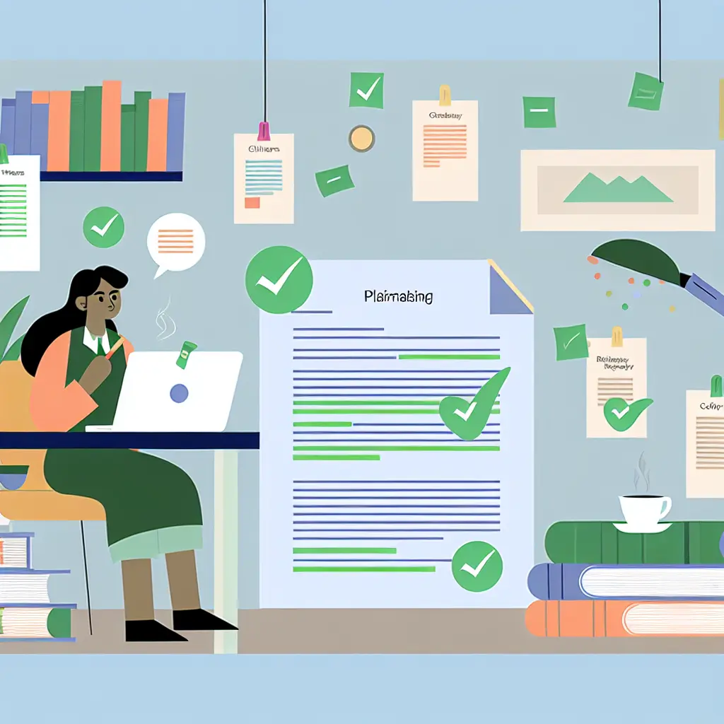 Studente organizzato che verifica sistematicamente la tesi con checklist e report antiplagio positivi