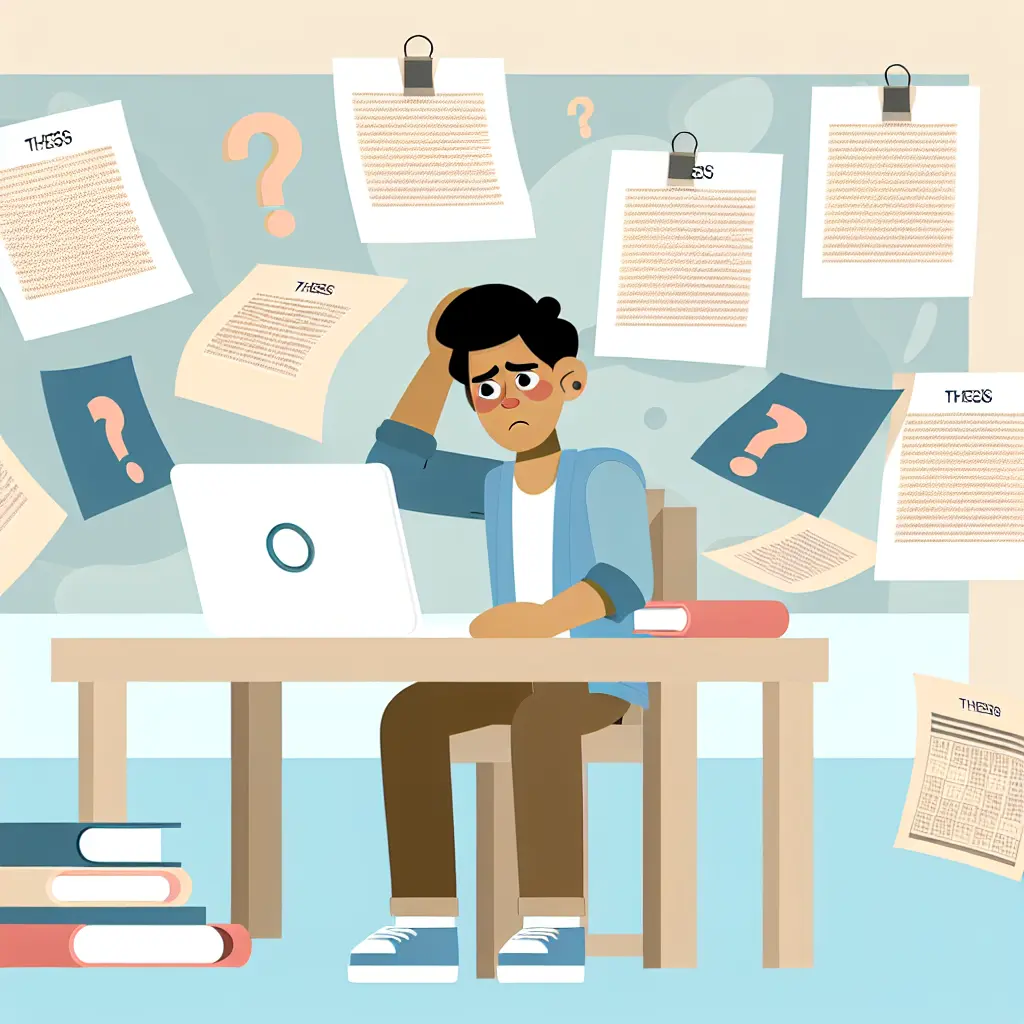 Studente universitario preoccupato circondato da documenti e scadenze della tesi