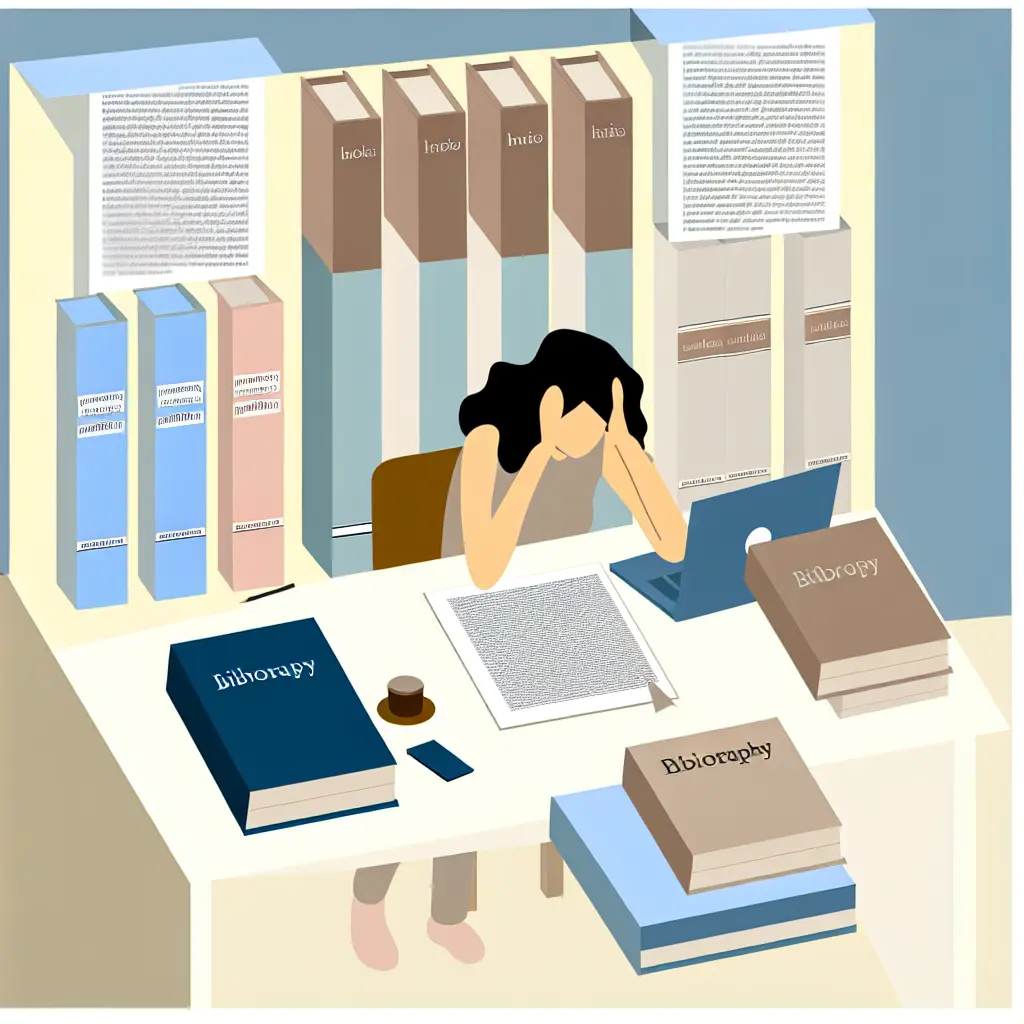 Studente universitario frustrato davanti al computer circondato da libri e appunti, che mostra lo stress tipico della gestione della bibliografia