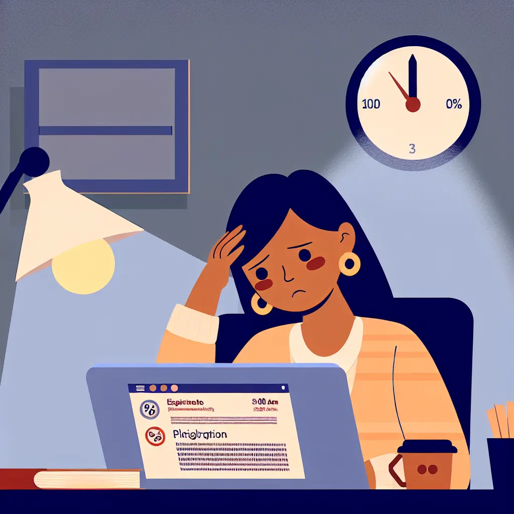 Studente universitario stressato controlla report di plagio alle 3 del mattino