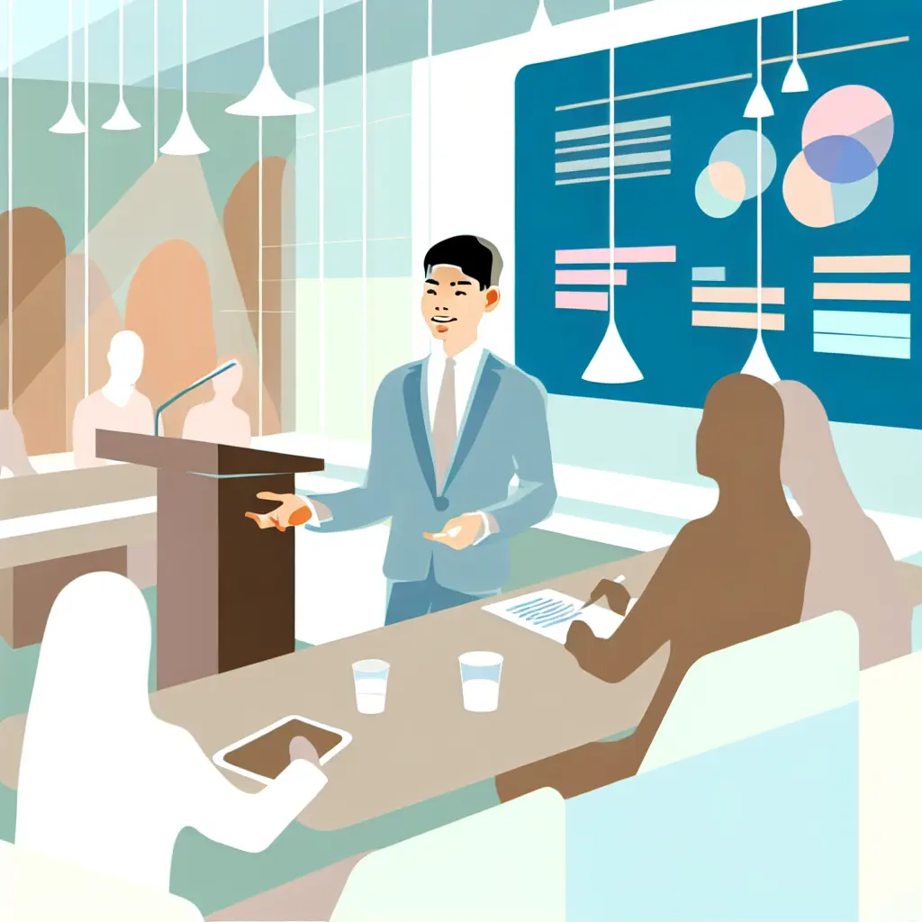 Studente universitario durante la presentazione e discussione della tesi di laurea davanti alla commissione