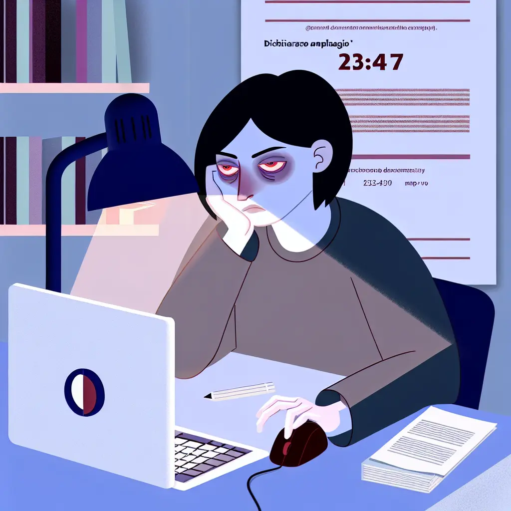 Studente universitario stressato che firma documento antiplagio a tarda notte davanti al laptop