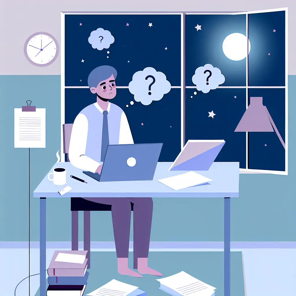 Studente universitario che lavora alla tesi di notte con preoccupazione