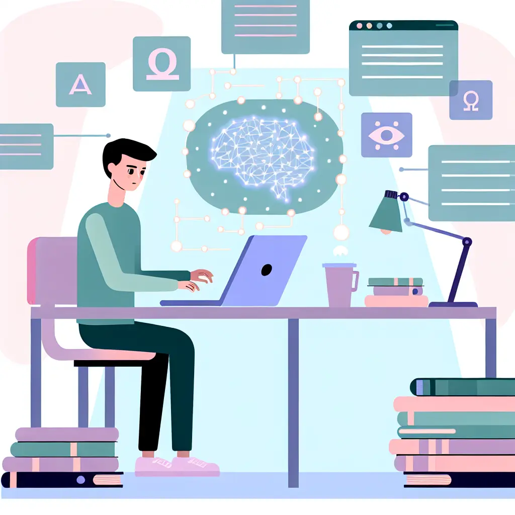 Studente di filosofia che utilizza l'intelligenza artificiale per la ricerca della tesi, con simboli filosofici e libri accademici