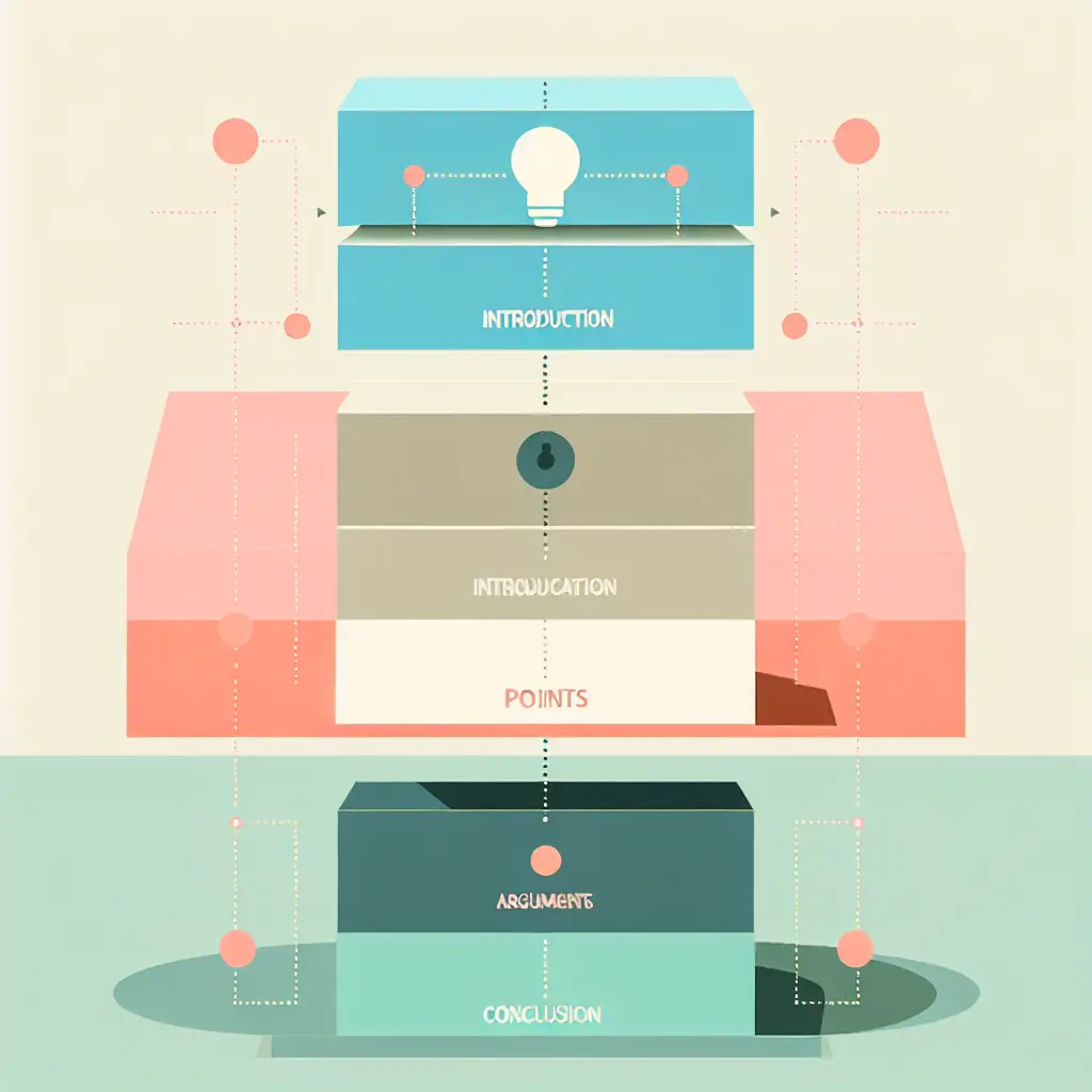 Struttura visiva del testo argomentativo: introduzione, sviluppo e conclusione rappresentati come blocchi sovrapposti
