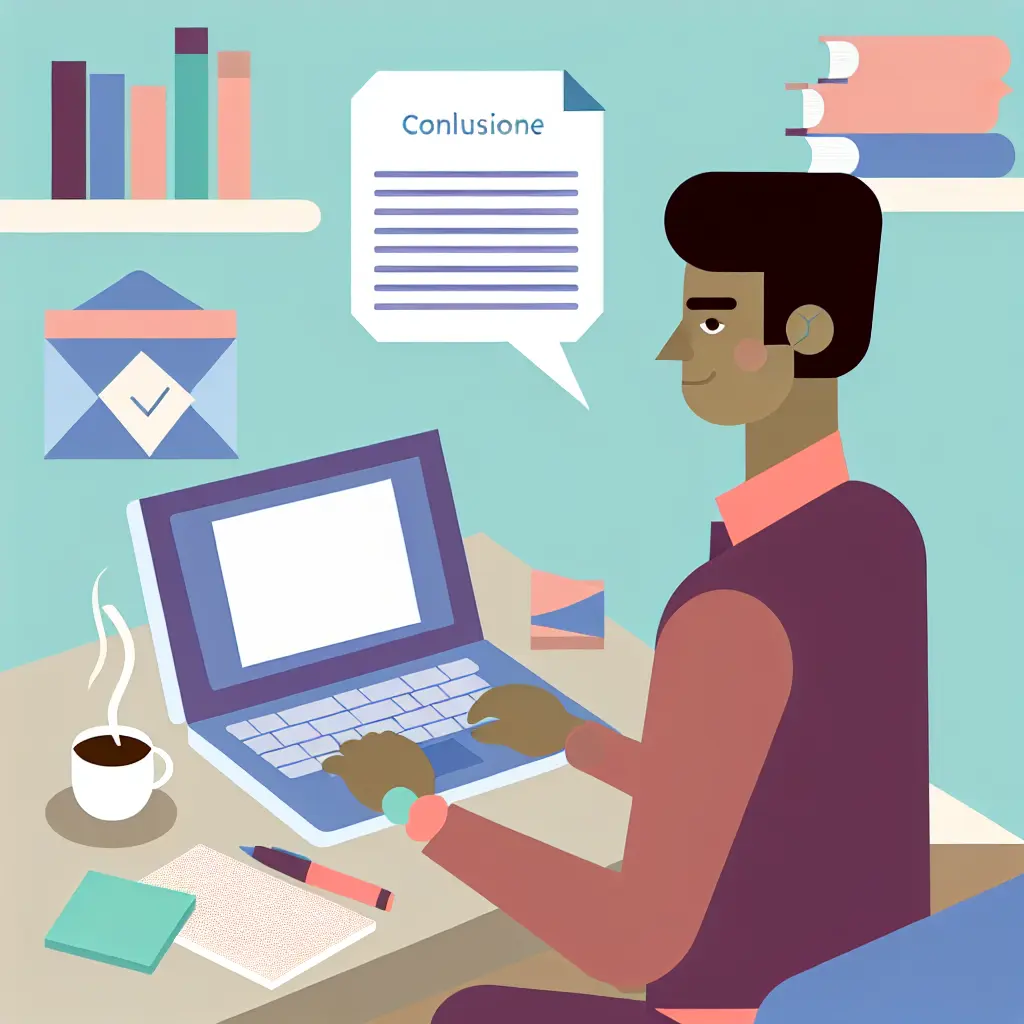 Studente che scrive la conclusione della tesi in un ambiente di studio organizzato