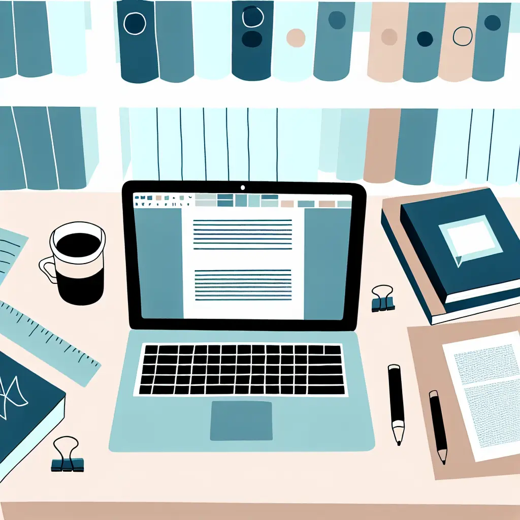 Workspace dedicato alla formattazione della tesi con laptop e documenti organizzati