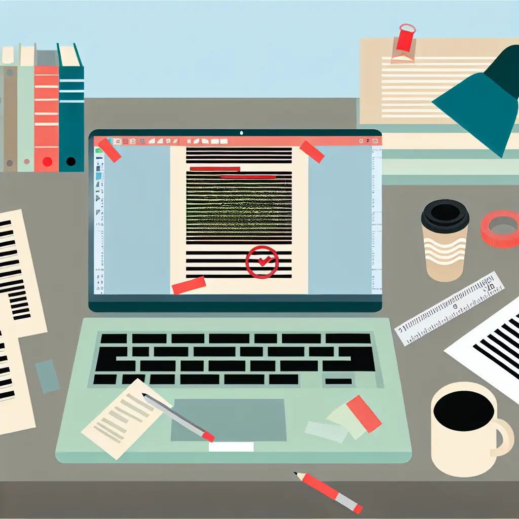 Scrivania di uno studente con laptop, documenti e materiali per la formattazione della tesi