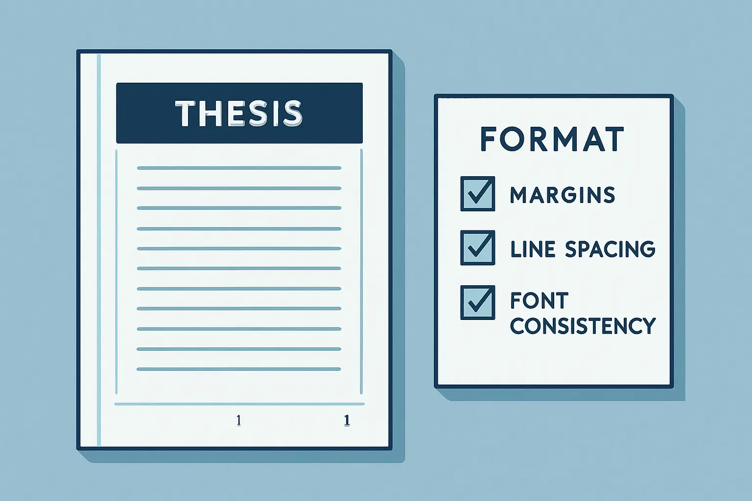 Illustrazione della checklist di formattazione e impaginazione per la revisione della tesi: margini, intestazioni, numerazione pagine e stile tipografico sotto controllo