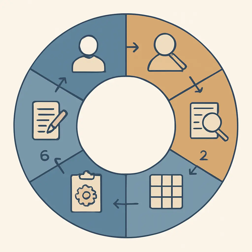 Diagramma circolare iterativo delle 6 fasi dell'analisi tematica riflessiva di Braun e Clarke: familiarizzazione, codifica, ricerca dei temi, revisione, definizione e stesura del rapporto