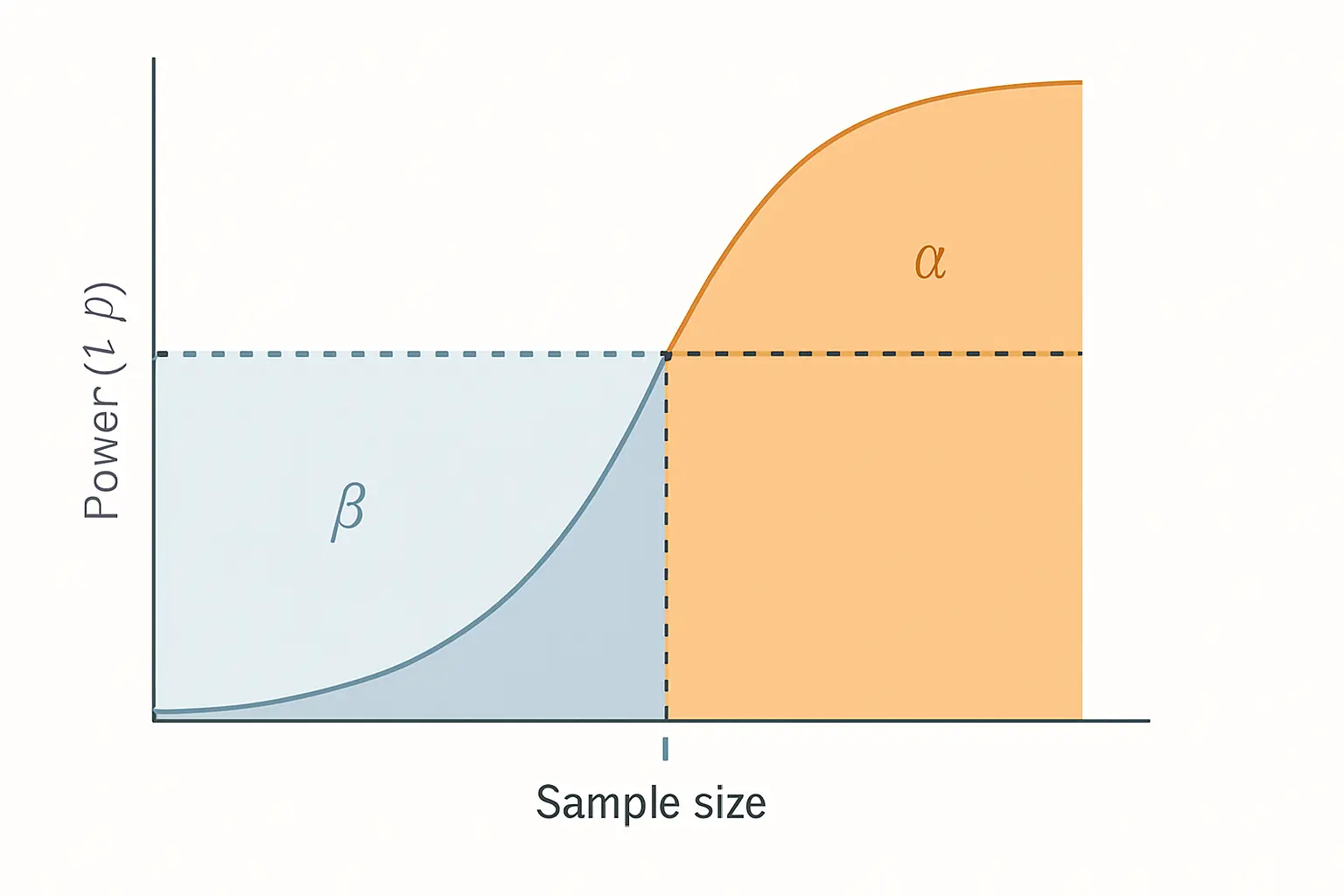 Curva di potenza statistica (1-beta) in funzione della dimensione del campione: la soglia convenzionale dello 0,80 determina la numerosità minima per evitare errori di tipo II
