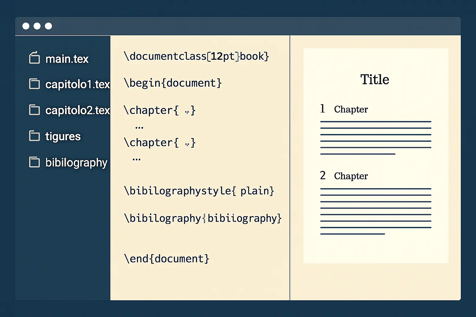Struttura multi-file di una tesi magistrale in Overleaf: pannello file con capitoli .tex separati, sorgente LaTeX al centro e PDF compilato a destra con layout tipografico professionale