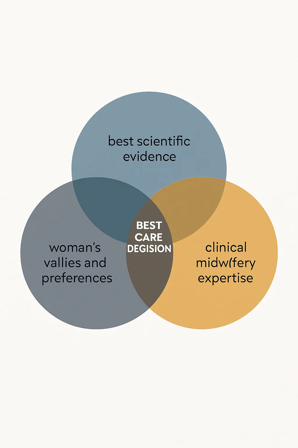 Il modello Evidence Based Midwifery: diagramma di Venn con i tre componenti (migliori prove scientifiche, competenza clinica ostetrica, valori e preferenze della donna)