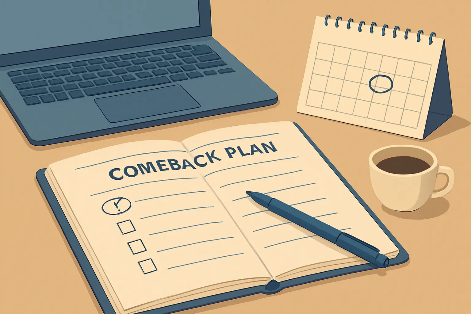 Piano di ripartenza in 5 passi per riprendere la tesi ferma: checklist con obiettivi graduali su un taccuino aperto
