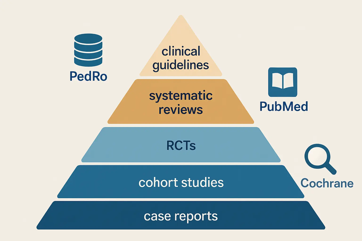 Piramide delle evidenze per la ricerca in fisioterapia: dai case report alla base fino alle linee guida cliniche al vertice, con le principali banche dati PEDro, PubMed e Cochrane per livello