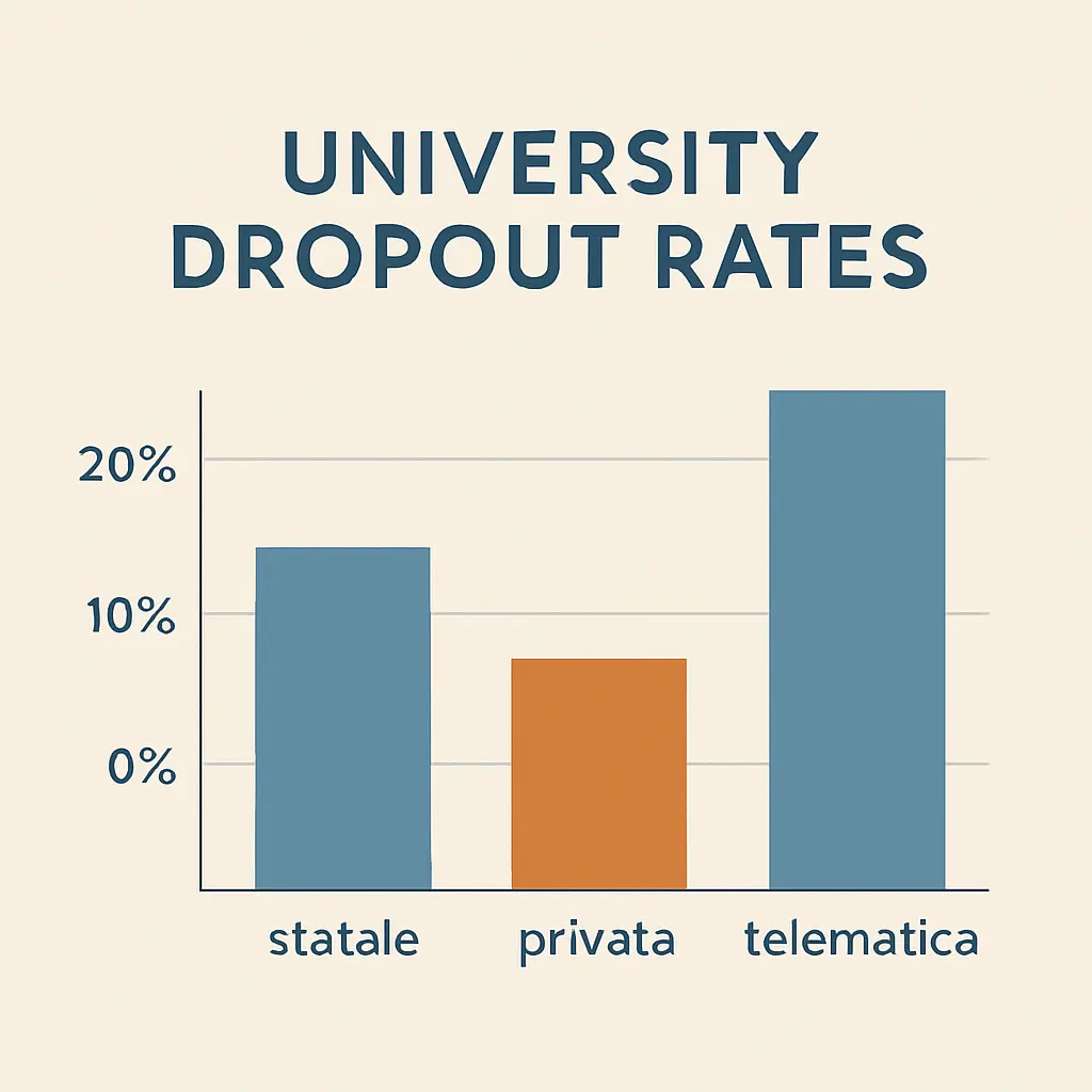 Grafico a barre del tasso di abbandono universitario tra primo e secondo anno per tipo di ateneo: statali 13,3%, private 6,4%, telematiche 18,8% (ANVUR 2026)