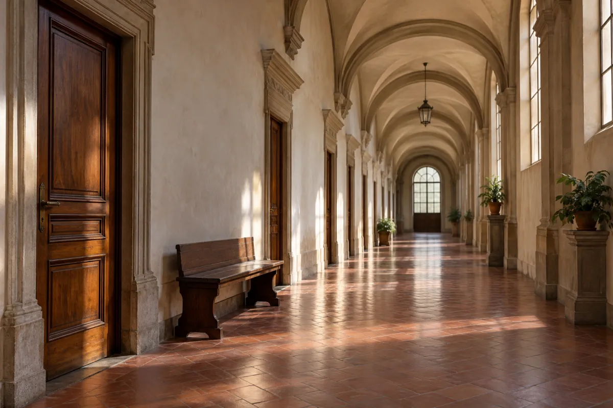 Corridoio di un dipartimento universitario con porte degli studi dei docenti