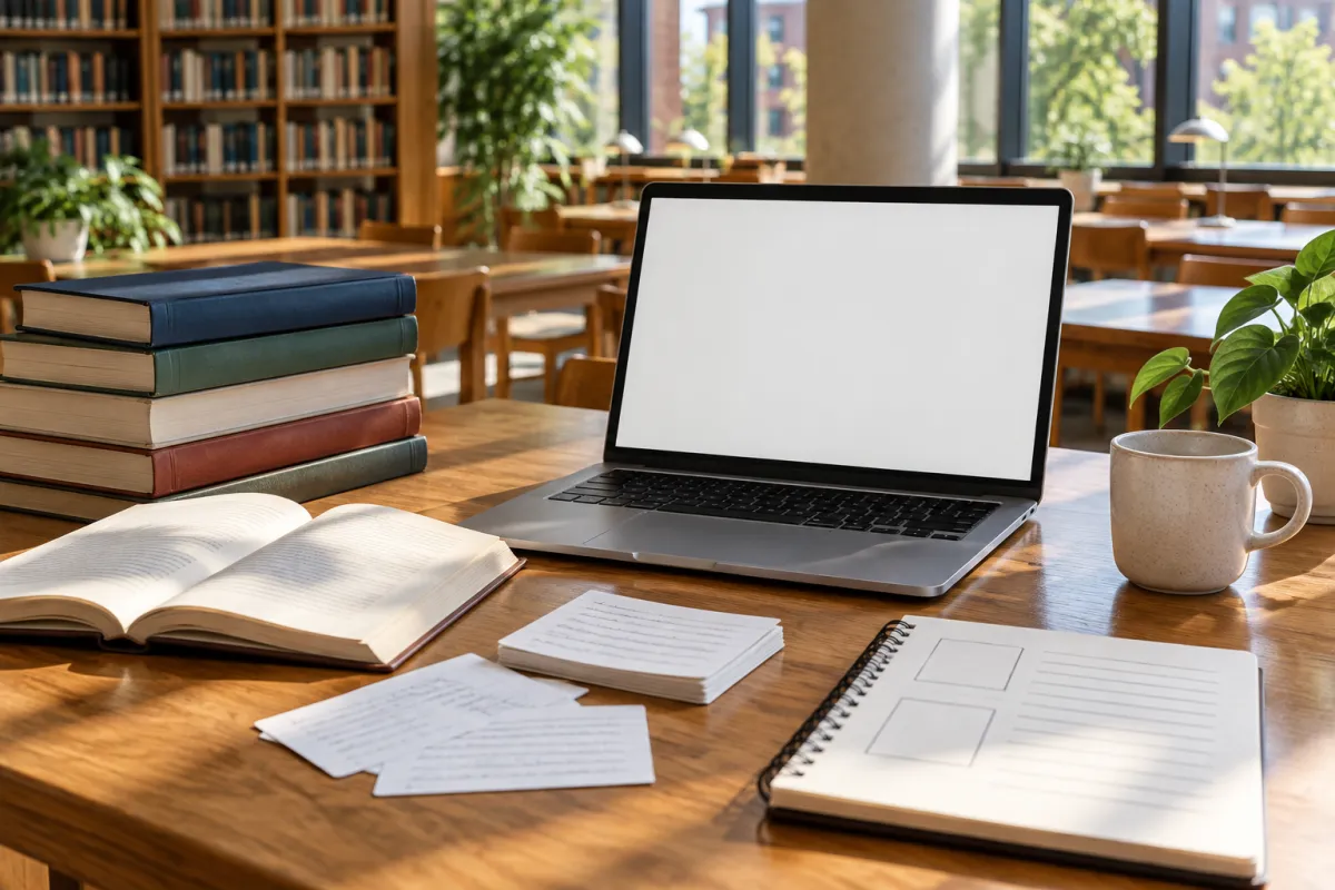Fogli rilegati e calendario su un tavolo di biblioteca universitaria