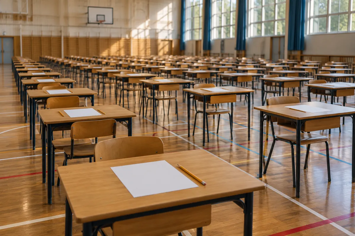 Banchi d'esame vuoti allineati in una grande sala, come durante il test di Medicina a crocette