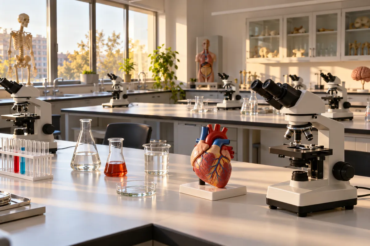 Laboratorio universitario con microscopi e modello anatomico del cuore, primo semestre di Medicina